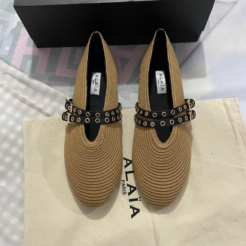 Alaïa Tan Woven Flats with Black Studded Double Straps